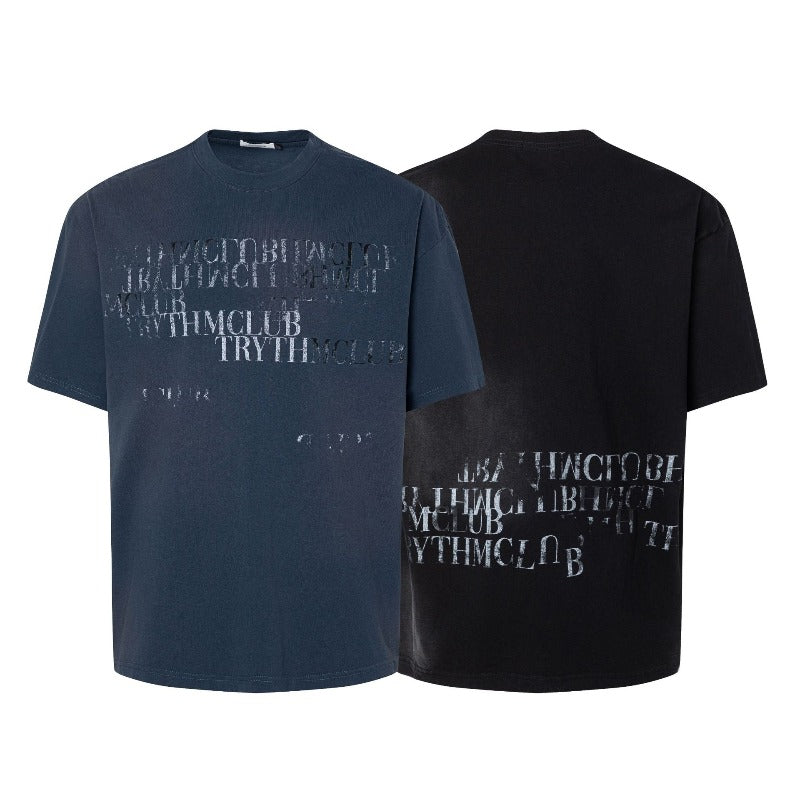 Men's t-shirts: american street style summer dirty spray letter graphic, premium slim collar design, men's loose fit short sleeve tee