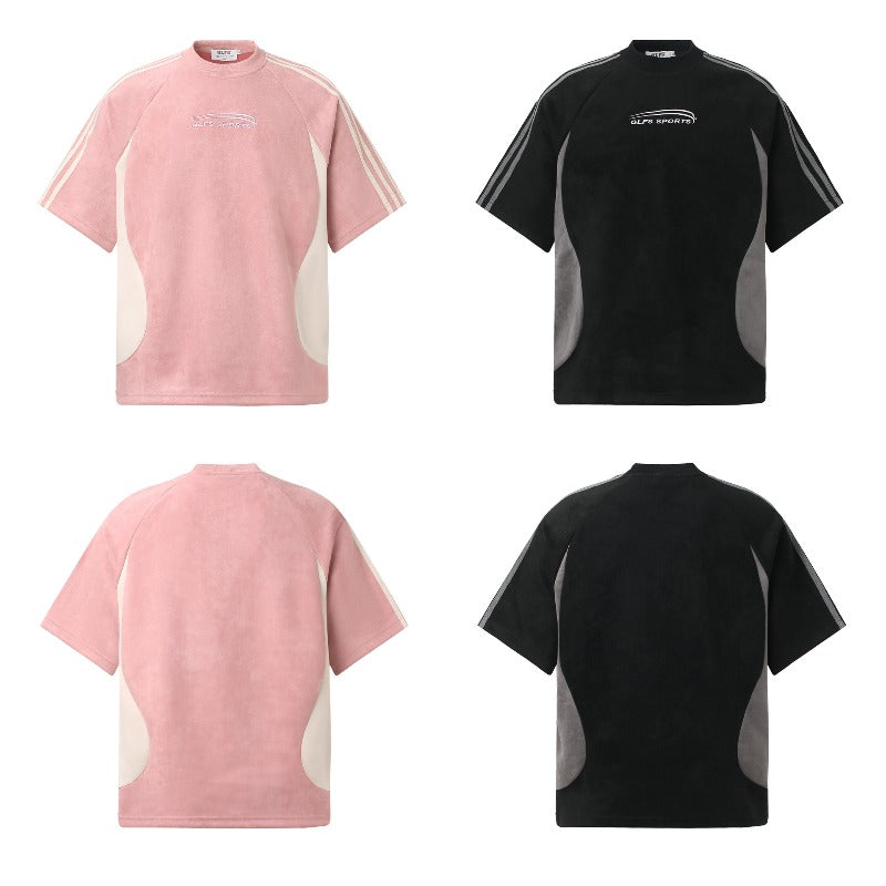 Men's jt american retro couple street style color block suede logo design short sleeve loose fit crew neck t-shirt