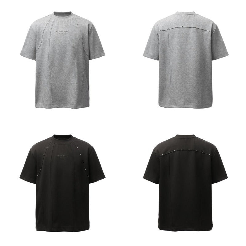 Men's t-shirts: american retro heavyweight double yarn deconstructed beaded design, men's high street oversized short sleeve tee