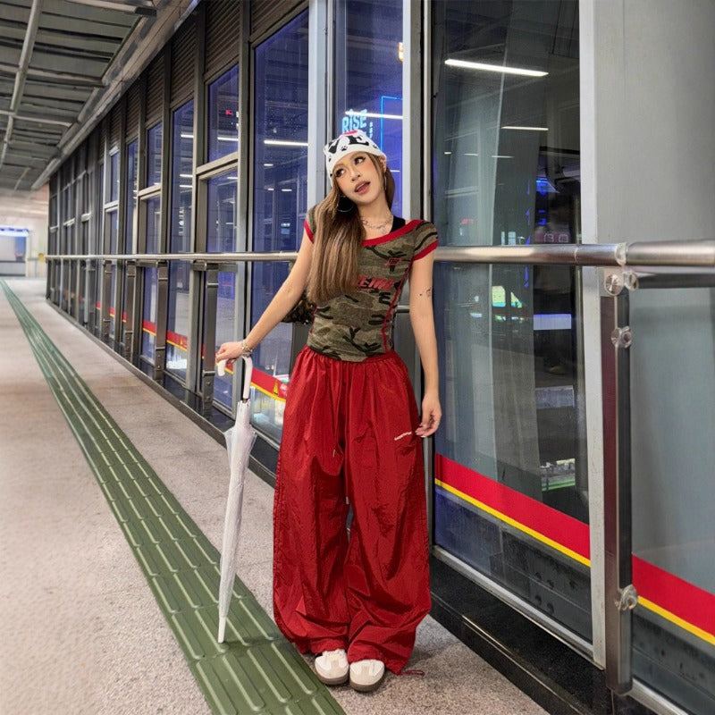 Women casual pants sports wide leg pants women loose retro elastic waist