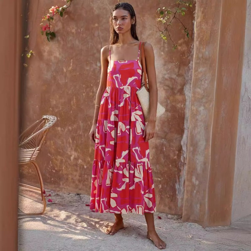 Women's dress - cross-border independent site - european & american summer vacation - spaghetti strap - backless - printed - a-line - long - casual swing dress - women's