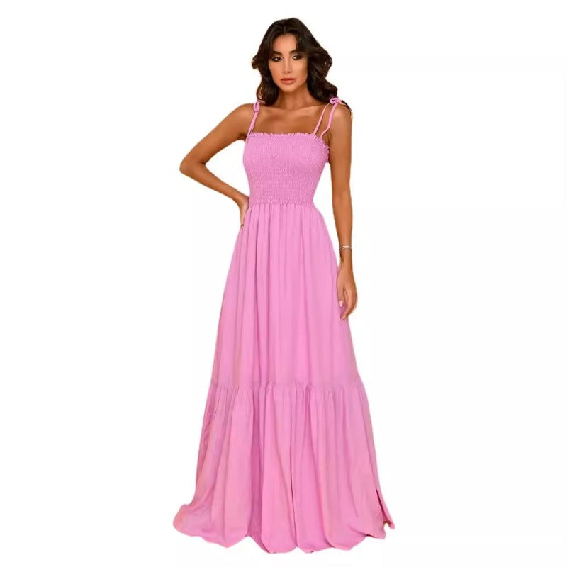 Women's dress: european and american style, solid color, high-waisted, slimming, elegant, vintage-inspired, spaghetti strap, maxi length, dress, light luxury