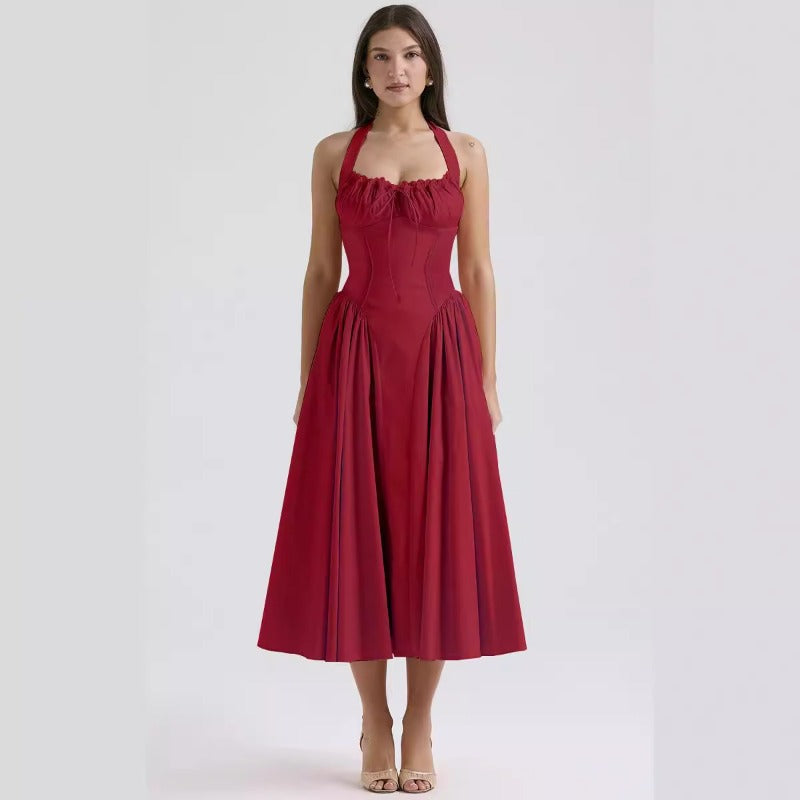 Women's summer slim-fit camisole maxi dress - european & american style fashion print halter neck lace trim dress