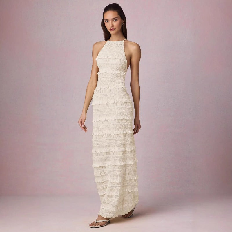 Women's dress - cross-border summer fashion: european & american style, amazon hot seller, sexy ruffle trim, backless halter neck, tie-up maxi dress