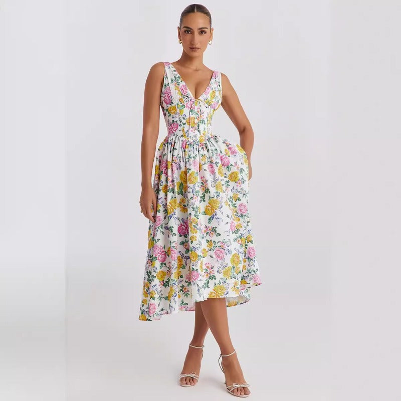 Women's dress - summer export, elegant v-neck, cinched waist, sleeveless, floral print, vacation dress, midi length