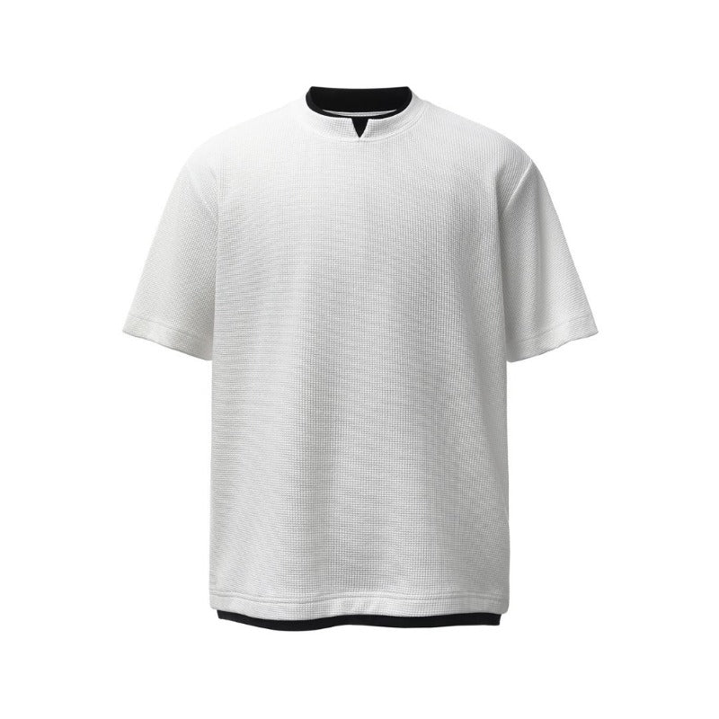 Men t shirts american retroheavy weight grids fake two-piece deconstructed design men's high street loose short-sleeved t-shirt