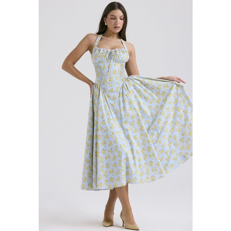 Women's summer slim-fit camisole maxi dress - european & american style fashion print halter neck lace trim dress