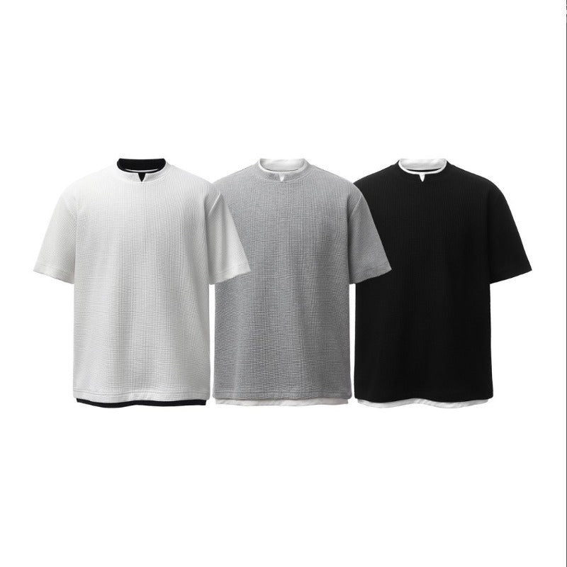 Men t shirts american retroheavy weight grids fake two-piece deconstructed design men's high street loose short-sleeved t-shirt