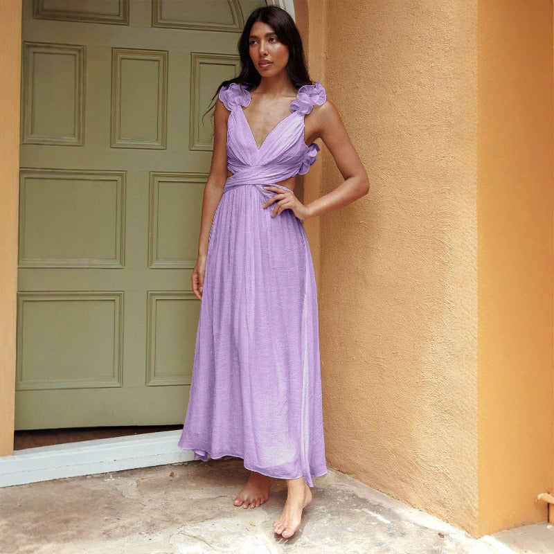 Women's dress: summer bestseller - cross-border chiffon floral pleated maxi dress with open back and criss-cross tie detail