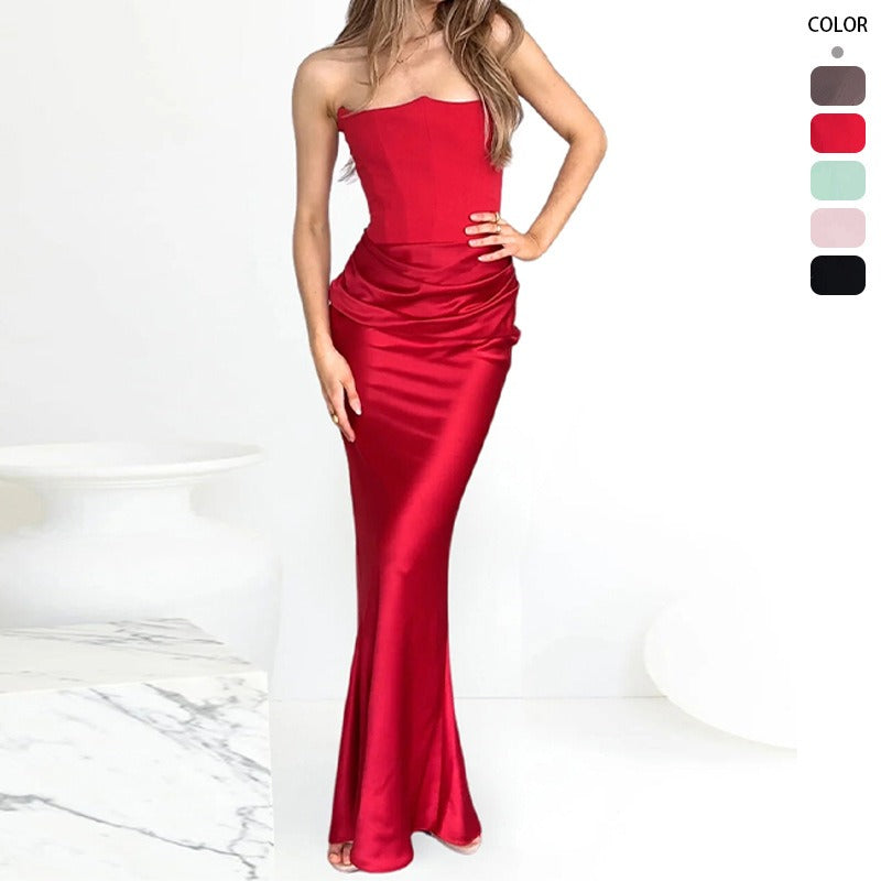 Women dress year cross-border red tube top fishbone sexy silm fishtail fishtail skirt longpure colordress women