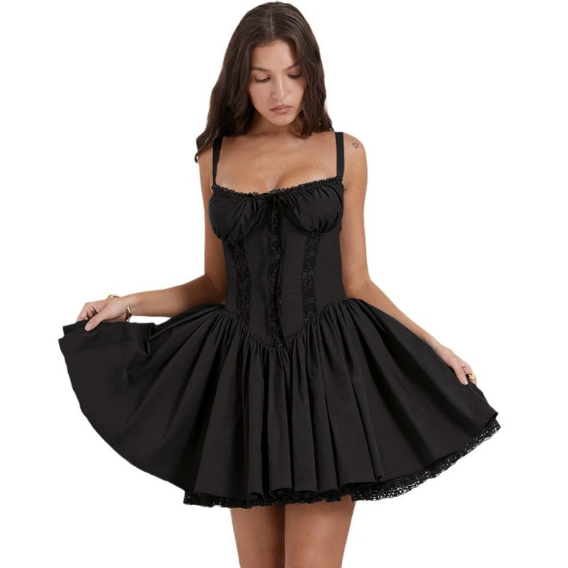 Women's dress - cross-border amazon spring/summer european and american sexy women's lace patchwork cinched waist slip dress