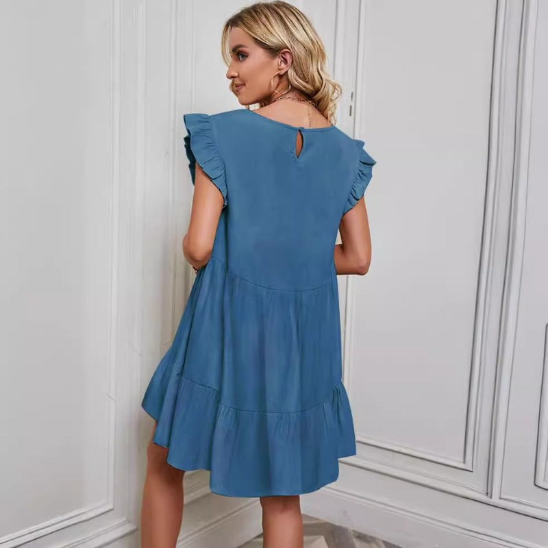 Women's dress - in-house photography, european & american style, solid color crew neck, ruffle sleeve, amazon export, spring/summer dress