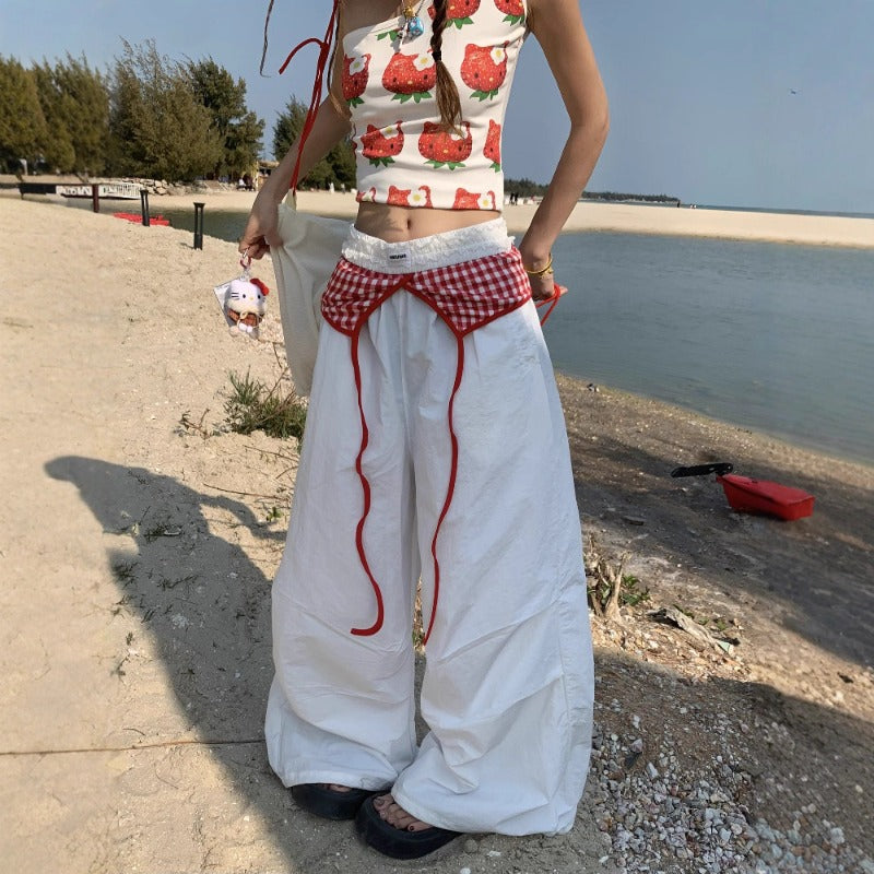 Women casual pant looseplaidpatchwork summer