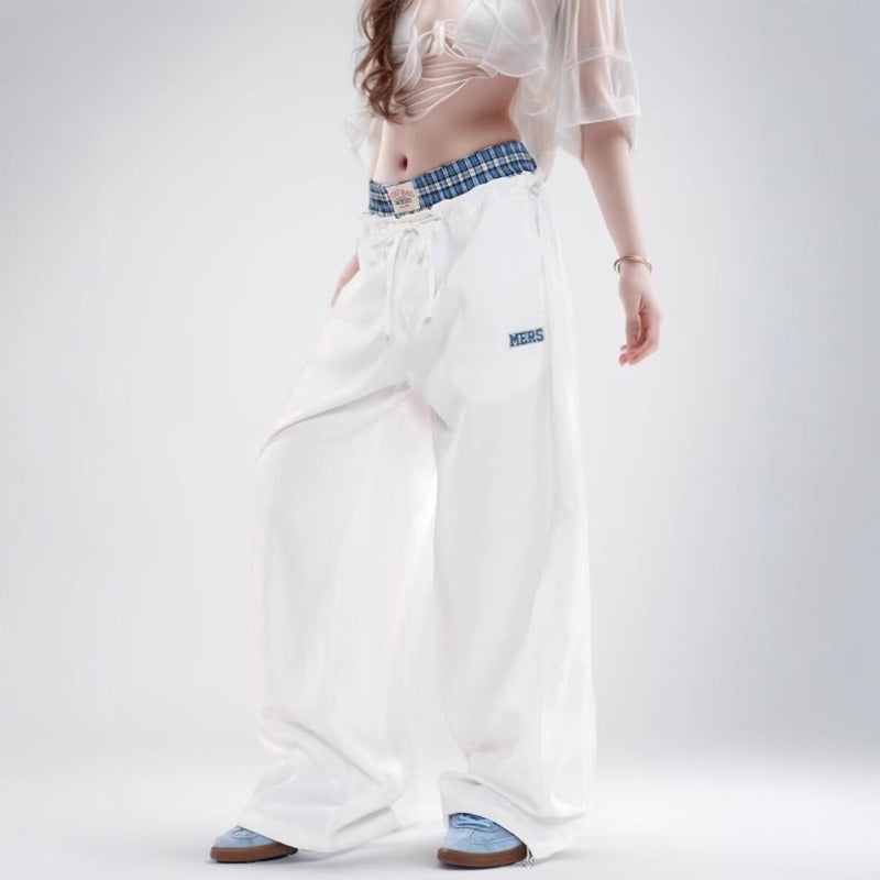 Women casual pant double waistband fake two pieces