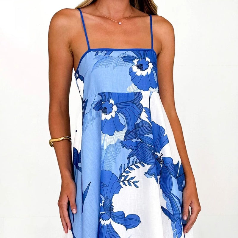 Women's dress: european and american style, cross-border summer fashion, printed backless cami, sexy high-waisted swing dress