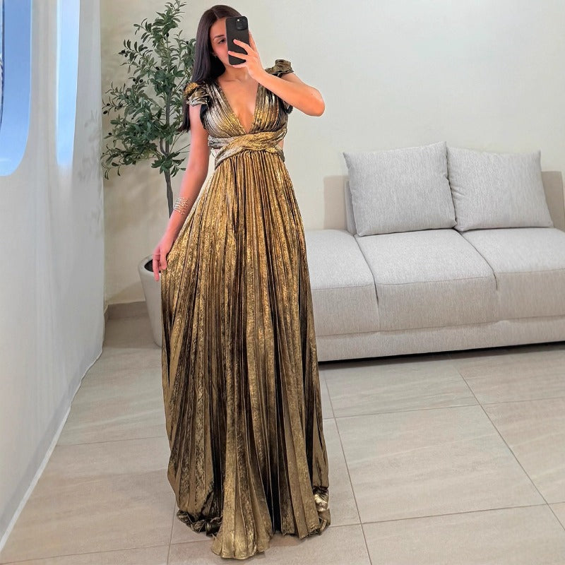 Women dress exportbackless strap pleated skirthigh waist side zipper large skirt party long skirt dresslong dress