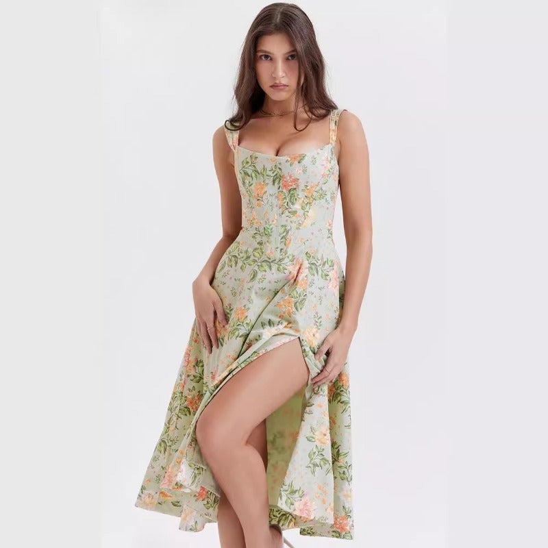 Women's dress - cross-border e-commerce, independent website, foreign trade, spring/summer, european and american style, slimming, spaghetti strap, sexy slit, floral print dress