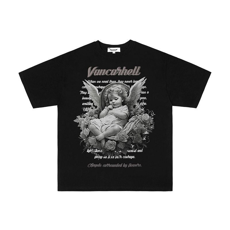 Mens T Shirts Angel Character Print Oversize Short Sleeve