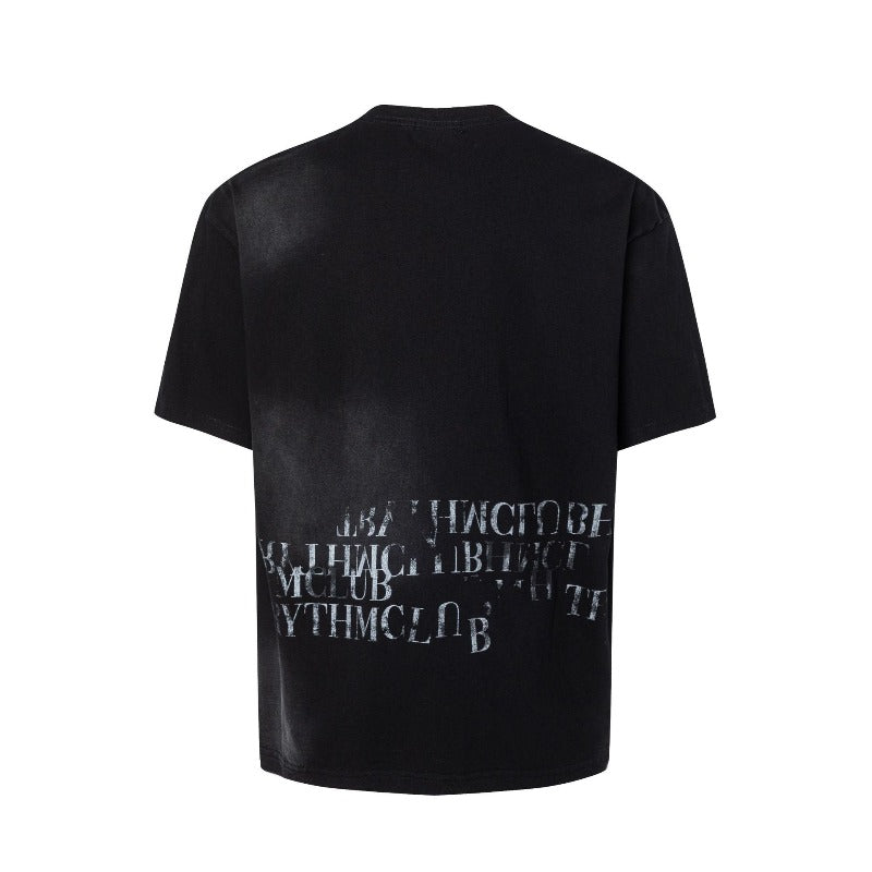 Men's t-shirts: american street style summer dirty spray letter graphic, premium slim collar design, men's loose fit short sleeve tee