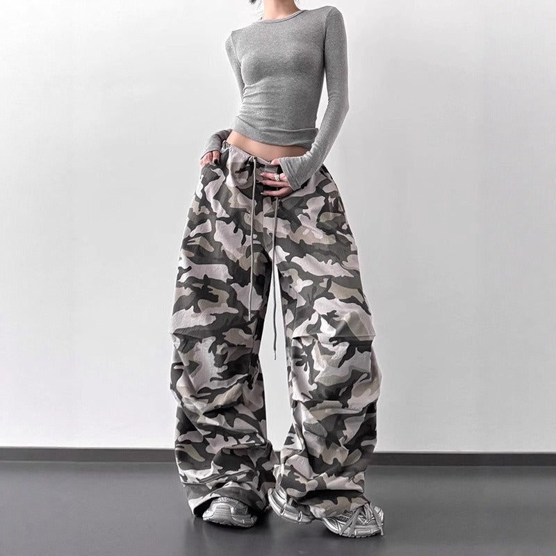 Women casual pants retro camouflage women elastic high waist loose