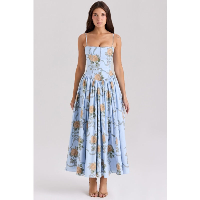 Women's dress - amazon cross-border fashion: elegant, chic, and flattering floral print slip dress - slim fit, figure-flattering, and ethereal