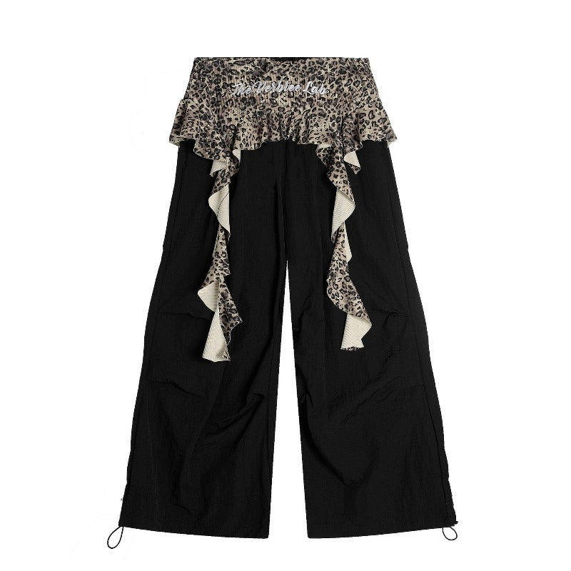 Women casual pants women's summer wide fake two-piece leopard print fart curtain splicing wide-leg pants