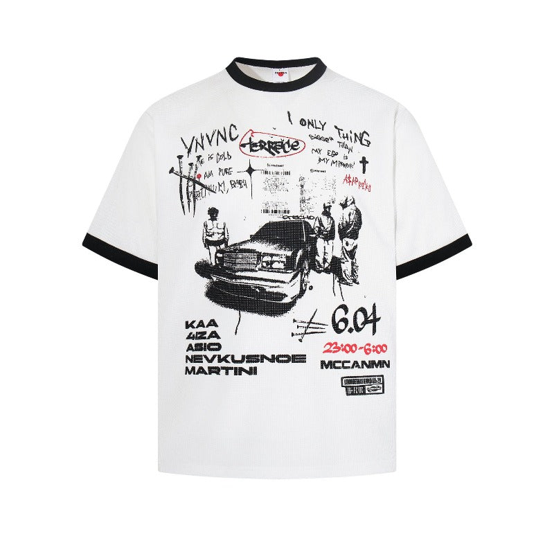 Men t shirts american retroneutralwaffle printingpatchwork round neck design men's high street fitted short sleeve t-shirt