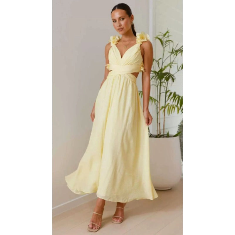 Women's chiffon floral dress - summer bestseller: backless, criss-cross tie, ruched, maxi dress