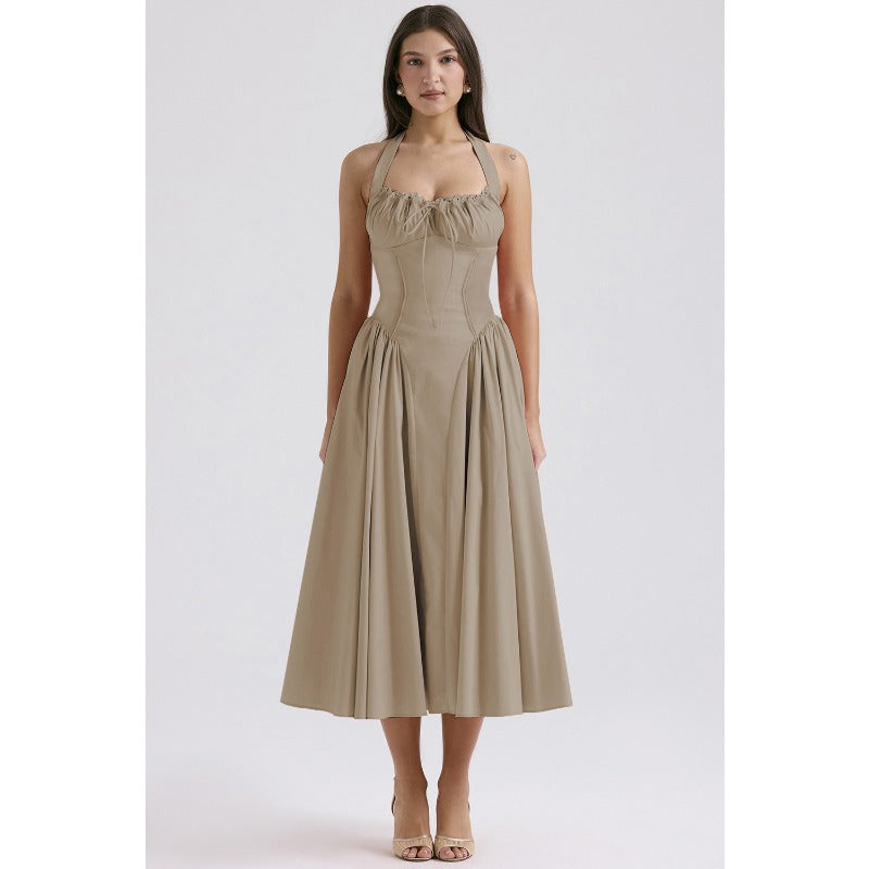 Women's summer slim-fit camisole maxi dress - european & american style fashion print halter neck lace trim dress
