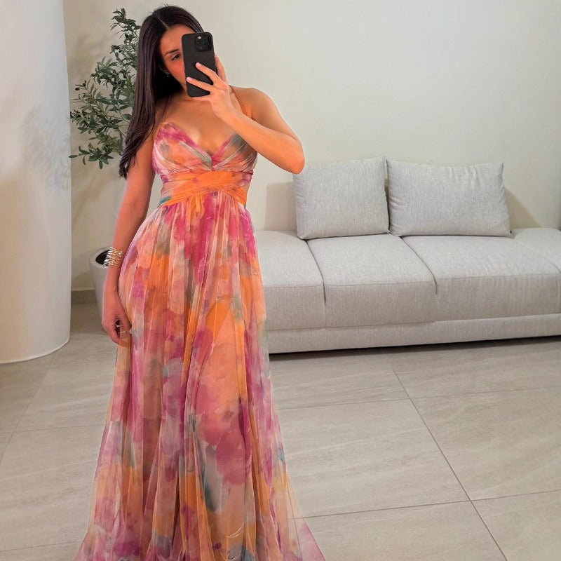 Women's dress - cross-border fashion spring/summer mesh print cami dress - ins style vacation casual party dress