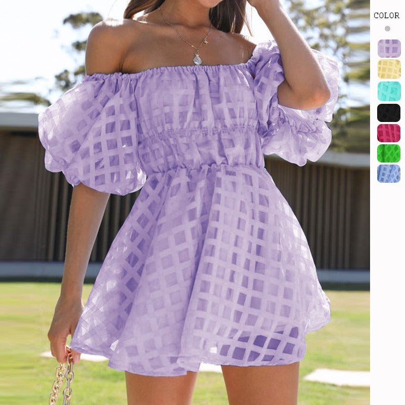 Women's dress: hot-selling european and american style amazon summer sexy high-waisted off-the-shoulder fashion short dress for women