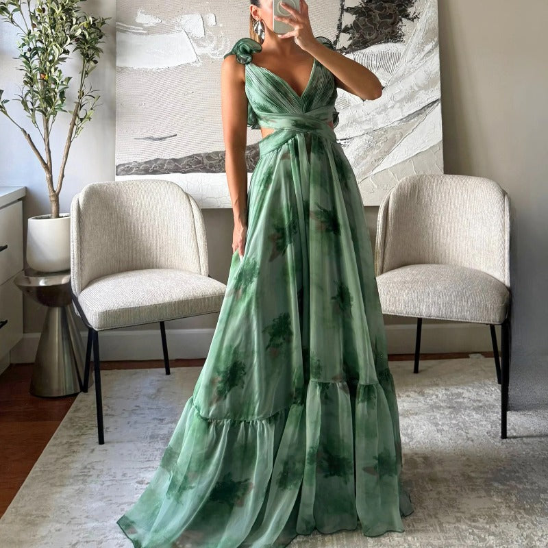 Women's summer cross-border fashion printed back-tie maxi dress - elegant and flowy