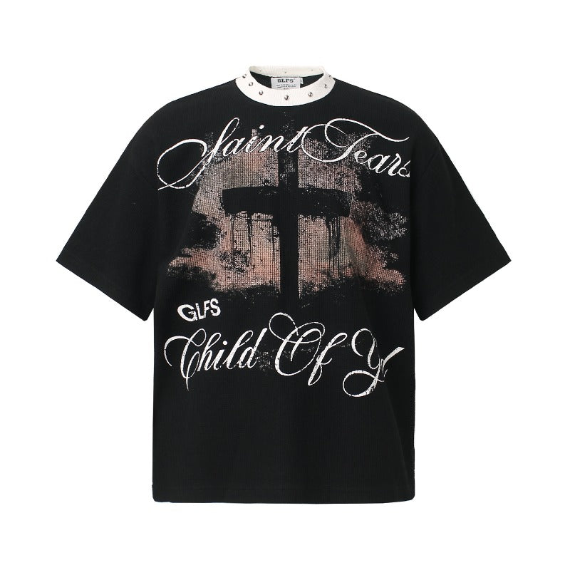 Men t shirts t american retrocouple street trendy waffle grids graffiti printing design high street men's loose round neck t-shirt