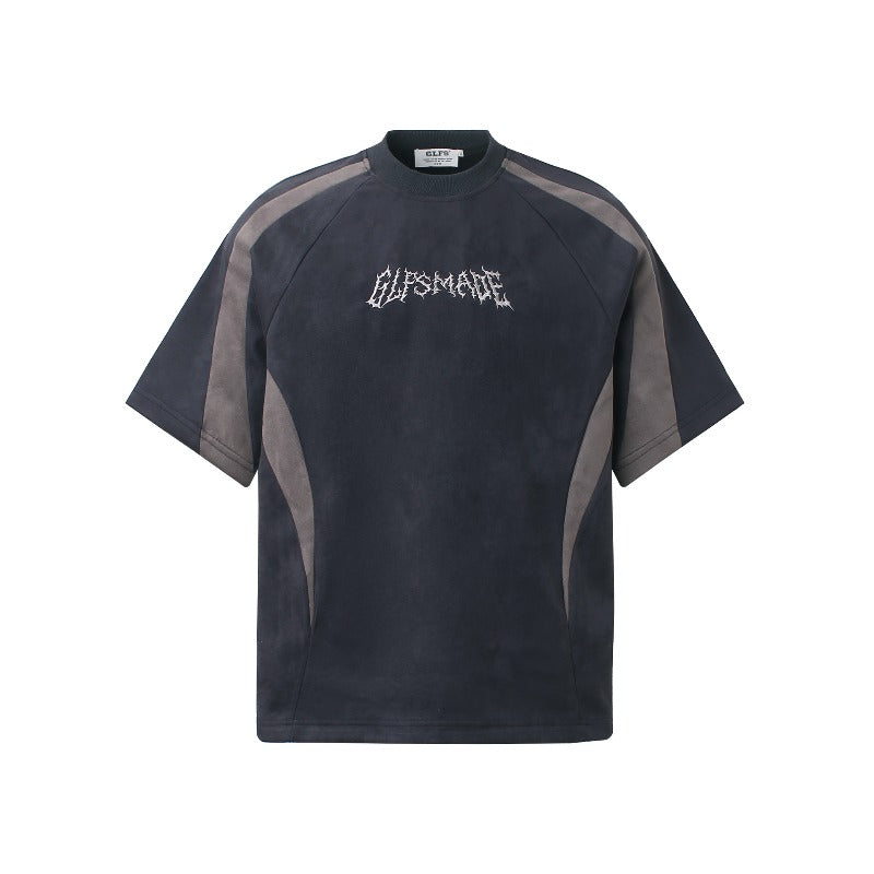 Men's jt american retro couple street style color block suede logo design short sleeve loose fit crew neck t-shirt