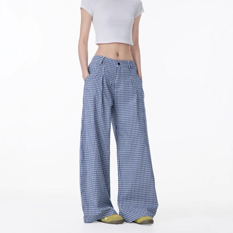 Women casual pants summerloose blue plaid