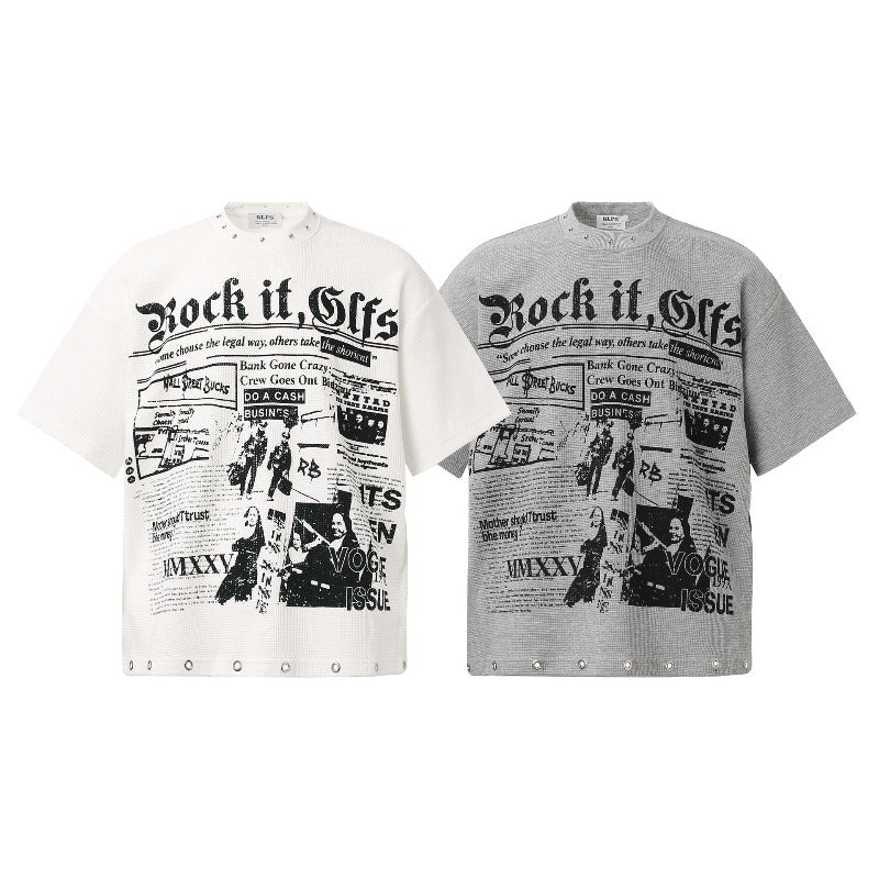 Men t shirts t american retrocouple street trendy waffle grids magazine design rivets high street men's loose round neck t-shirt