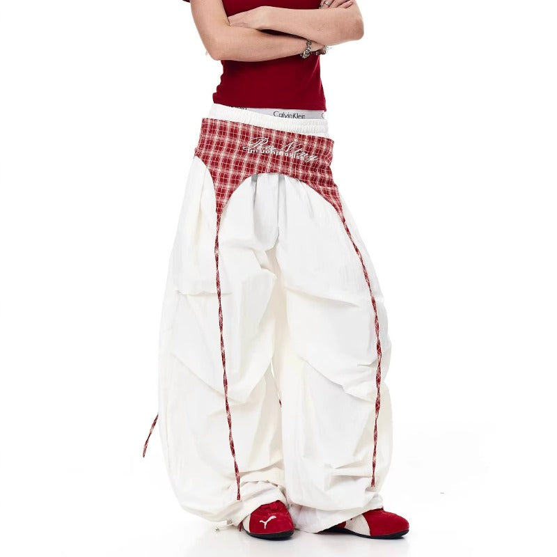 Women casual pants retro plaid fart curtain elastic waist women wide legs