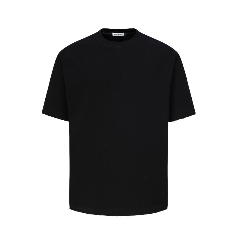 Men's t-shirts: american street style, unisex, premium summer solid color tee with distressed details - relaxed fit, short sleeve