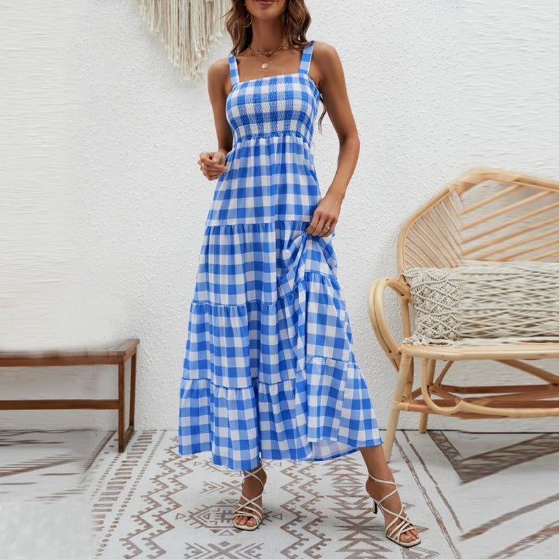 Women's dress - in-house photography, fashionable striped cami dress with cinched waist and flowy bohemian hem - wholesale women's apparel