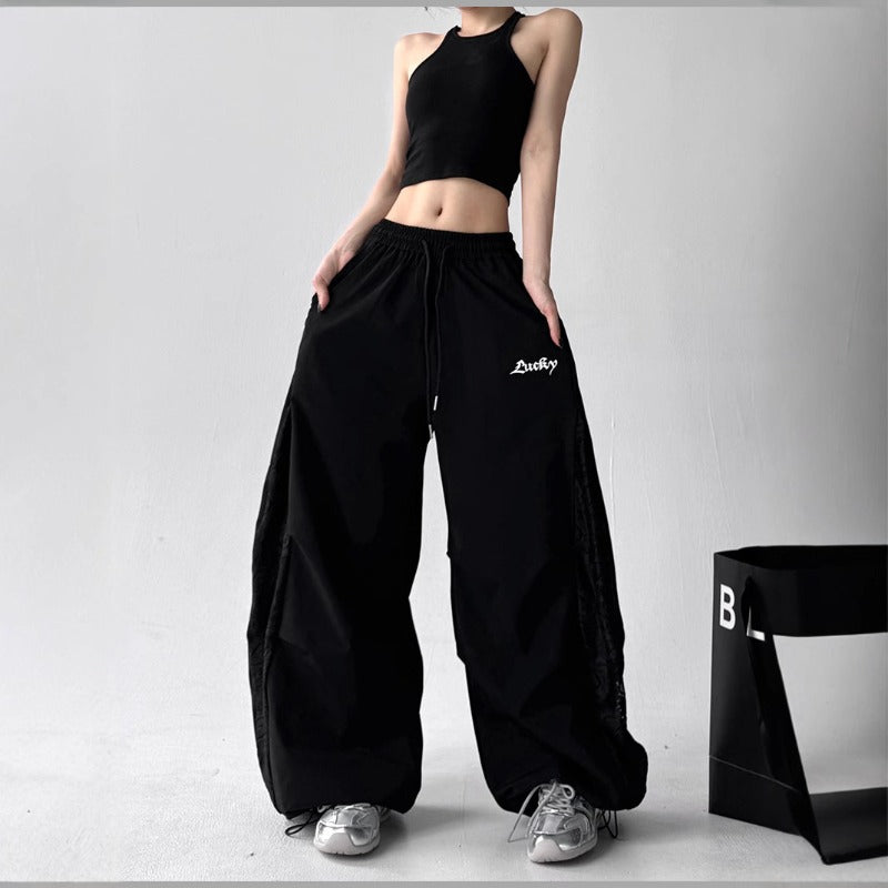 Women casual pants women's summer thin retro lace stitching loose wide-leg pants