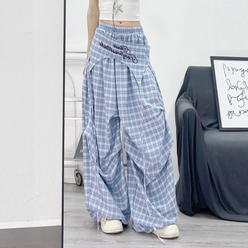 Womens casual pants women's summer loose vintage blue plaid pants