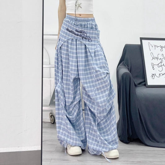 Womens casual pants women's summer loose vintage blue plaid pants