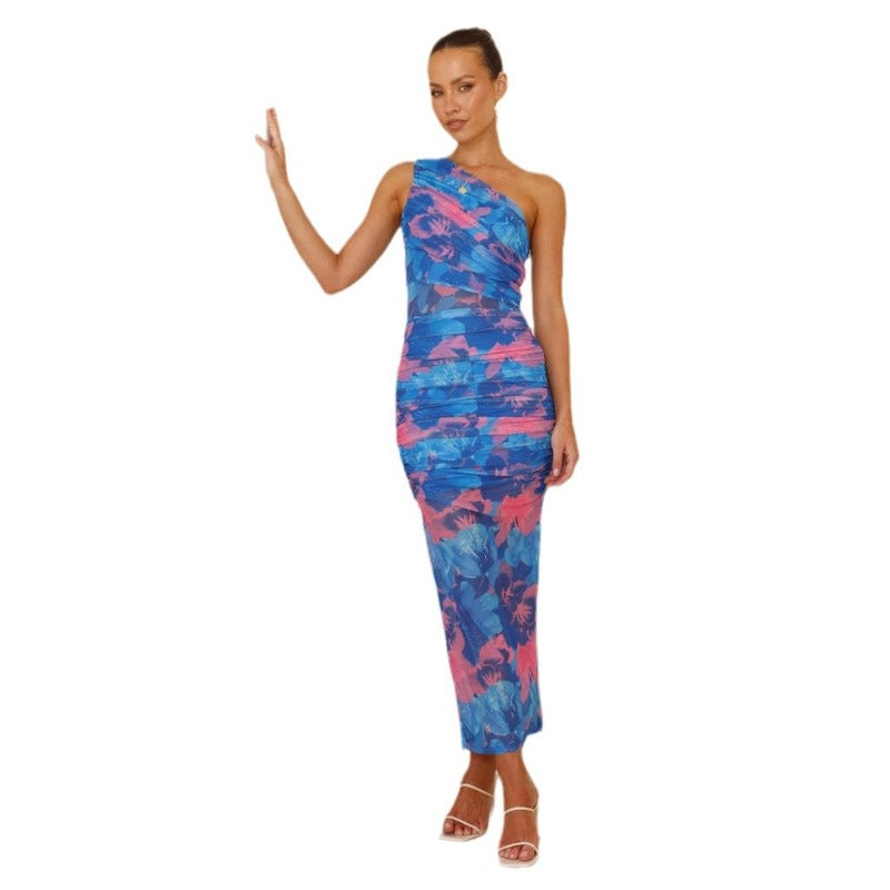 Women's dress - cross-border e-commerce, american style color block cami dress, slim fit, printed, one-shoulder sleeveless pullover dress for women