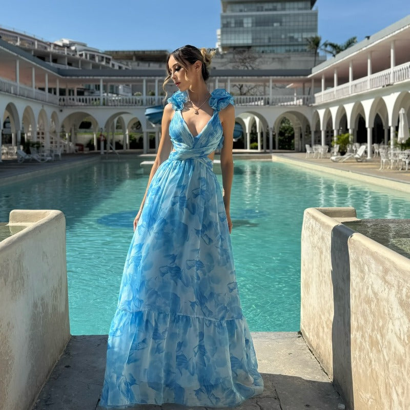 Women's summer cross-border fashion printed back-tie maxi dress - elegant and flowy