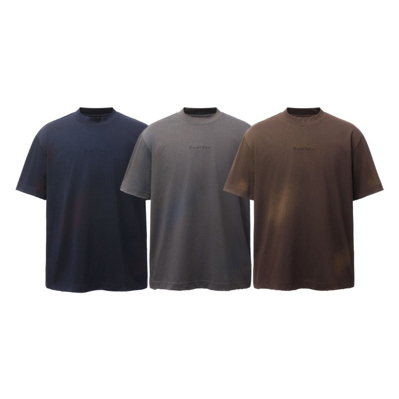 Men's t-shirts: american retro heavyweight double yarn embroidered logo spray-dye design, men's high street oversized short sleeve tee