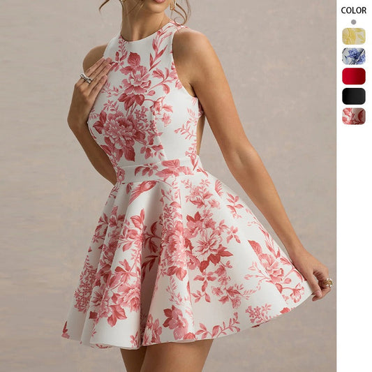 Women's dress - spring/summer collection - european & american style - amazon cross-border e-commerce - women's tie-up printed midi dress - in stock