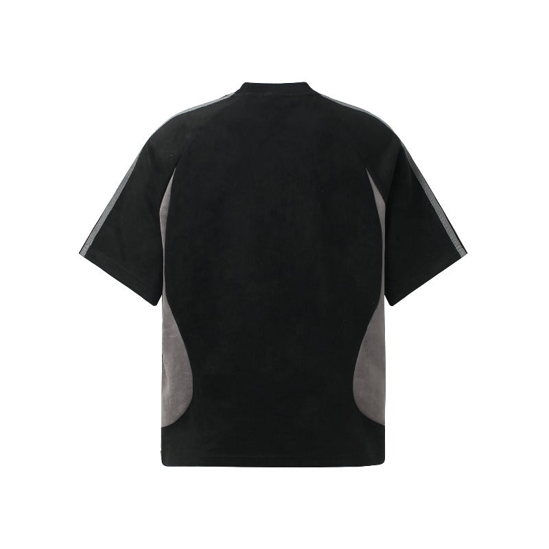Men's jt american retro couple street style color block suede logo design short sleeve loose fit crew neck t-shirt