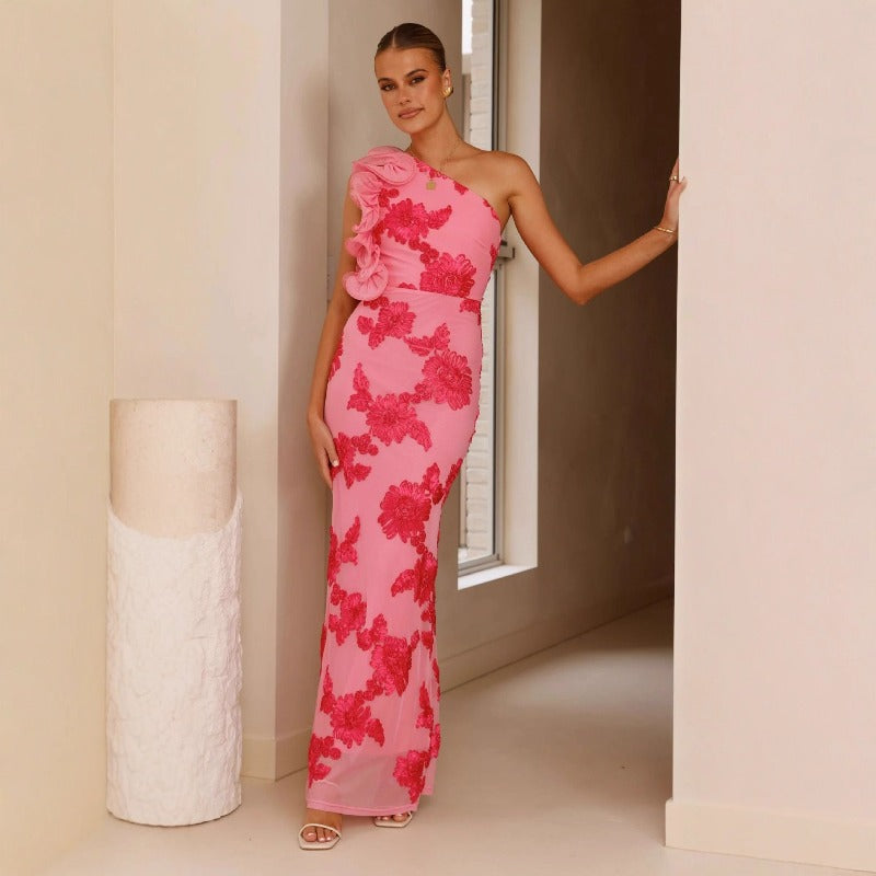 Women's dress - export quality, asymmetrical neckline, european & american style, amazon fashion, spaghetti strap, bodycon, sexy, 3d floral appliqué, new summer collection