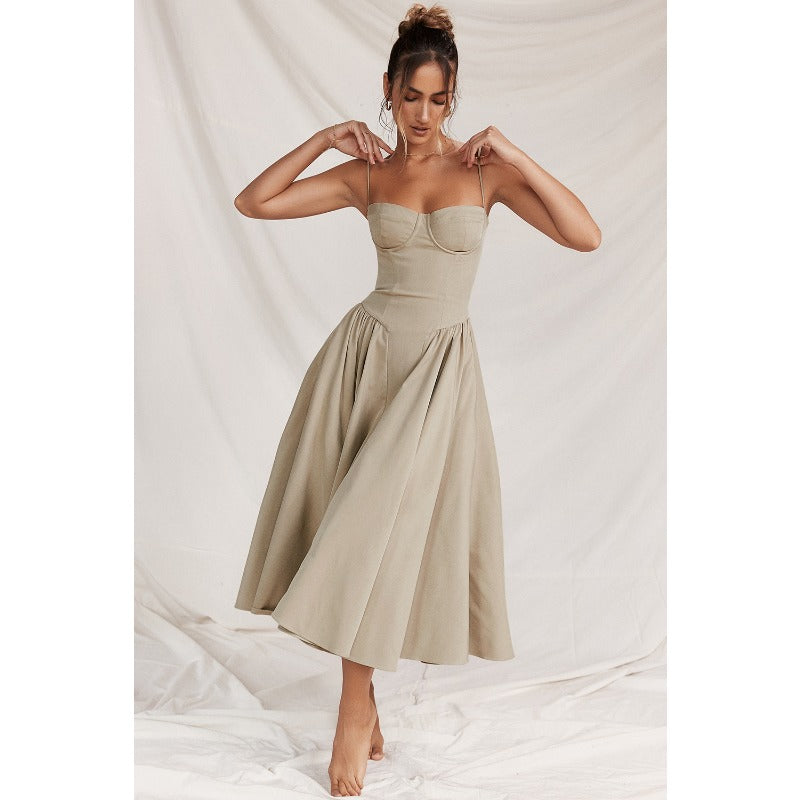 Women's summer amazon dress: french retro long dress, court style dopamine outfit, spaghetti strap dress for women