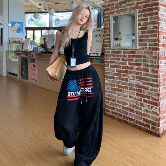 Women casual pant retro sweatpants women's elastic waist